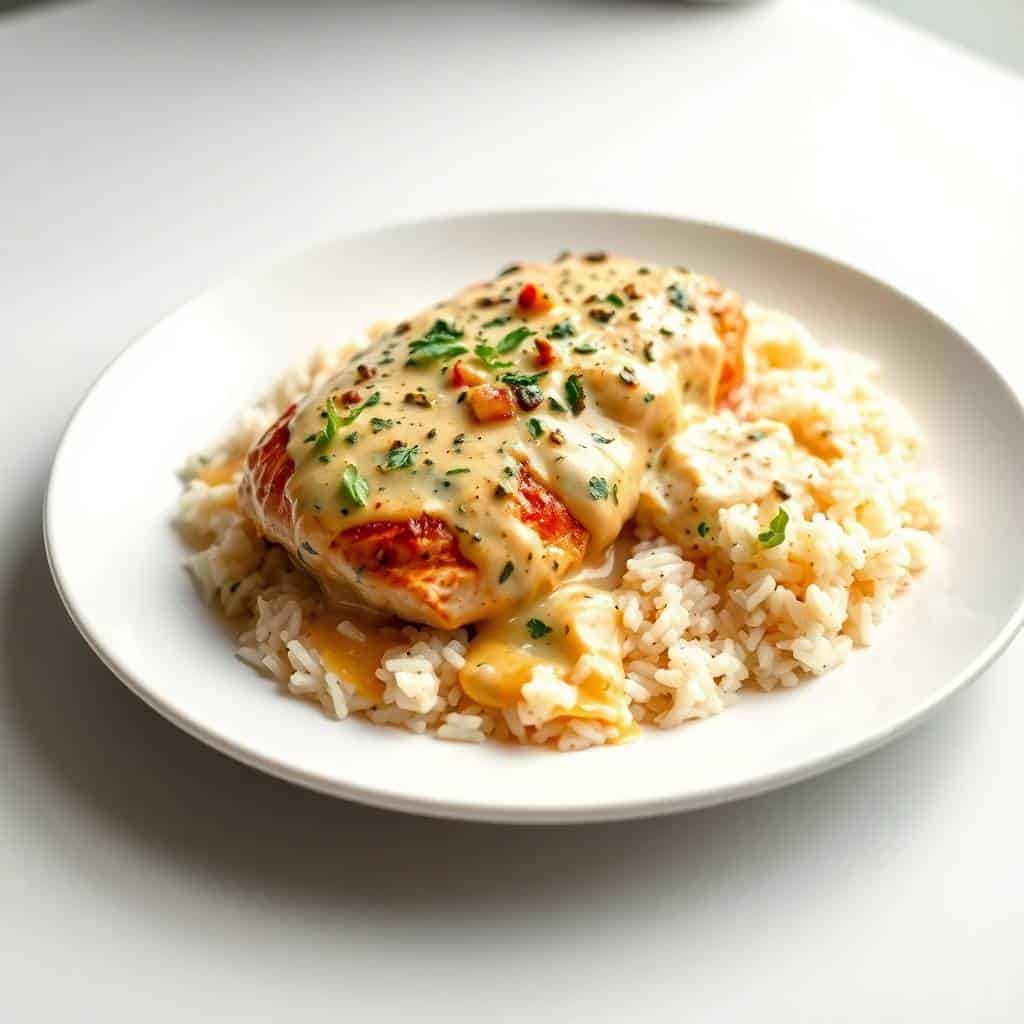 Creamy herb chicken breast with red peppers on fluffy basmati rice, garnished with fresh herbs in white bowl.
