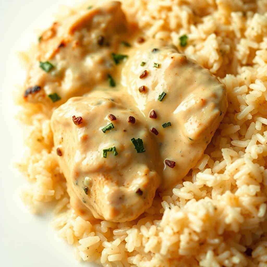 Creamy herb chicken and basmati rice garnished with chives and red pepper flakes on white plate.