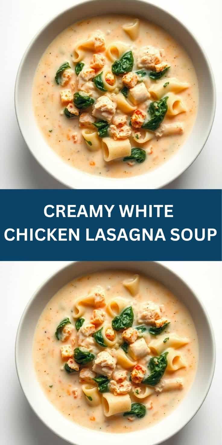 Two bowls of creamy white chicken lasagna soup with pasta, chicken, spinach, and red pepper flakes.