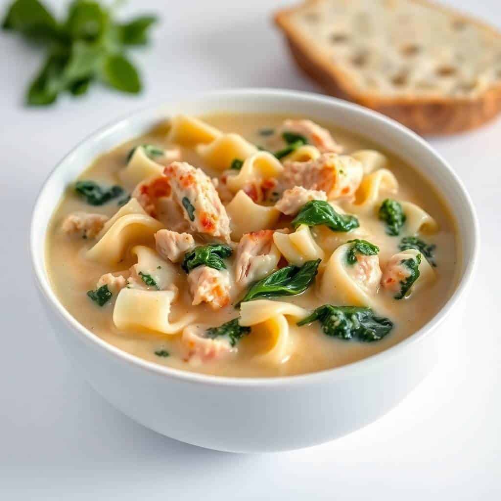 Creamy white chicken lasagna soup in white bowl with pasta, shredded chicken, spinach, and herb garnish.
