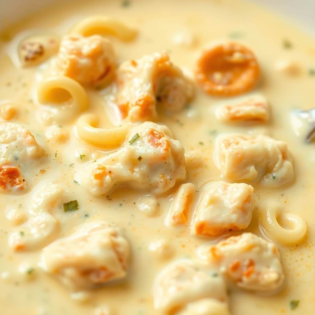 Creamy white chicken lasagna soup with pasta, shredded chicken, and herb garnish in a bowl.