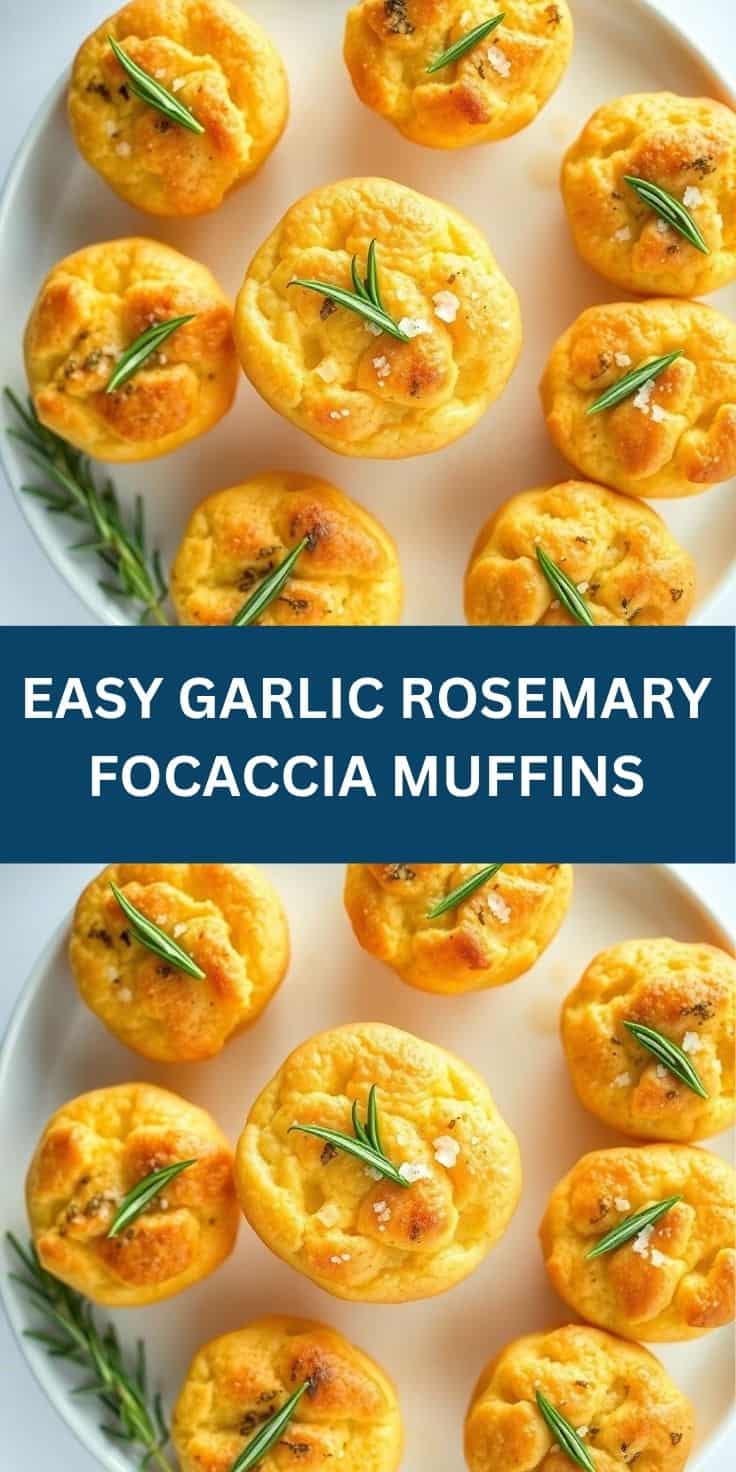 Golden-brown garlic rosemary focaccia muffins topped with fresh rosemary sprigs and sea salt on white plate.