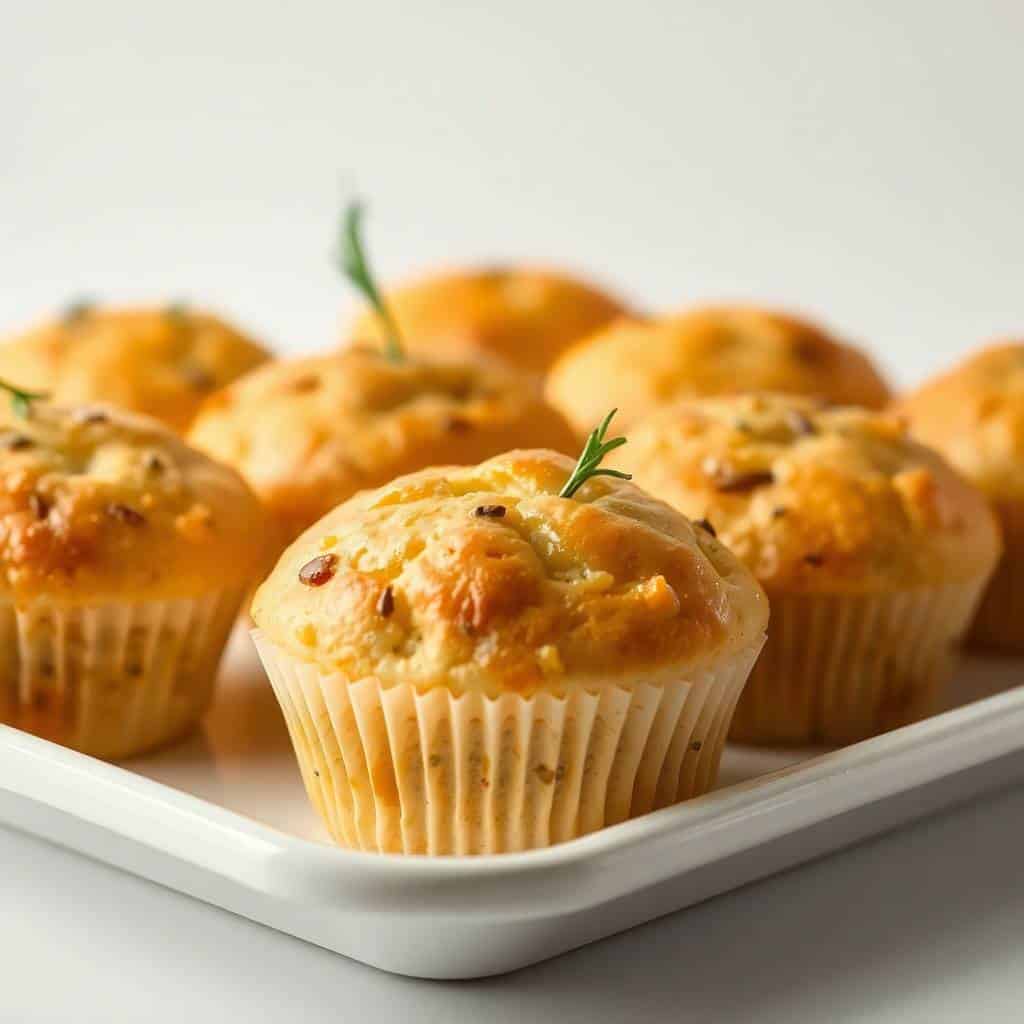 Golden garlic rosemary focaccia muffins on white plate with fresh rosemary sprigs garnish.