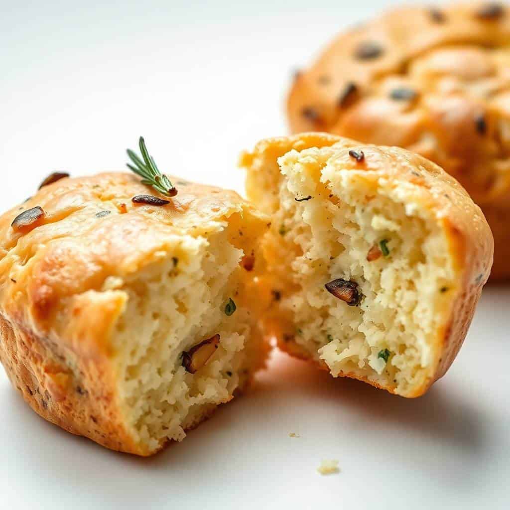Garlic rosemary focaccia muffins split open, showing fluffy crumb interior with herbs and spices visible.