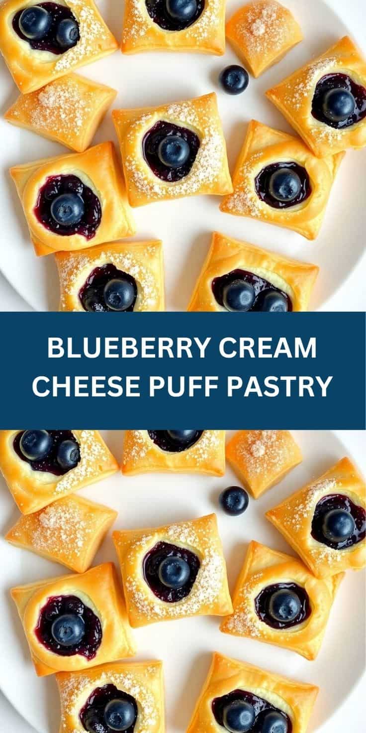 Blueberry cream cheese puff pastry squares dusted with powdered sugar on white plate.