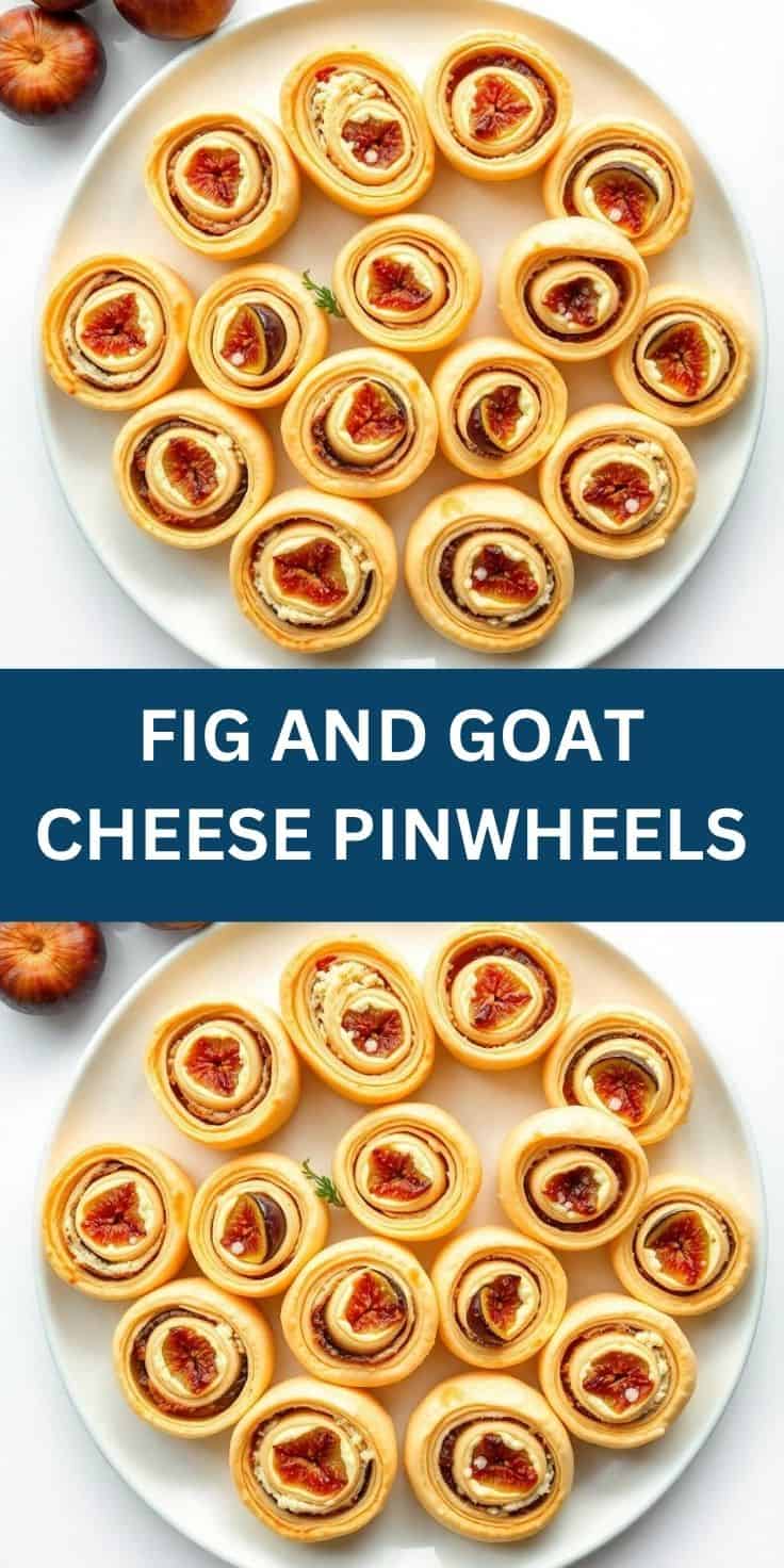 Fig and goat cheese pinwheels arranged on a white plate with fresh figs visible nearby.