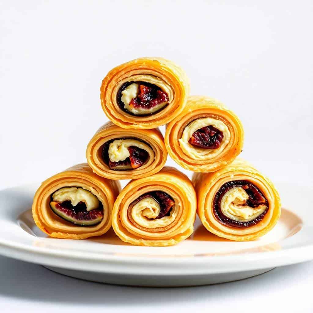 Fig and goat cheese pinwheels stacked on white plate, golden pastry with dark red filling visible.