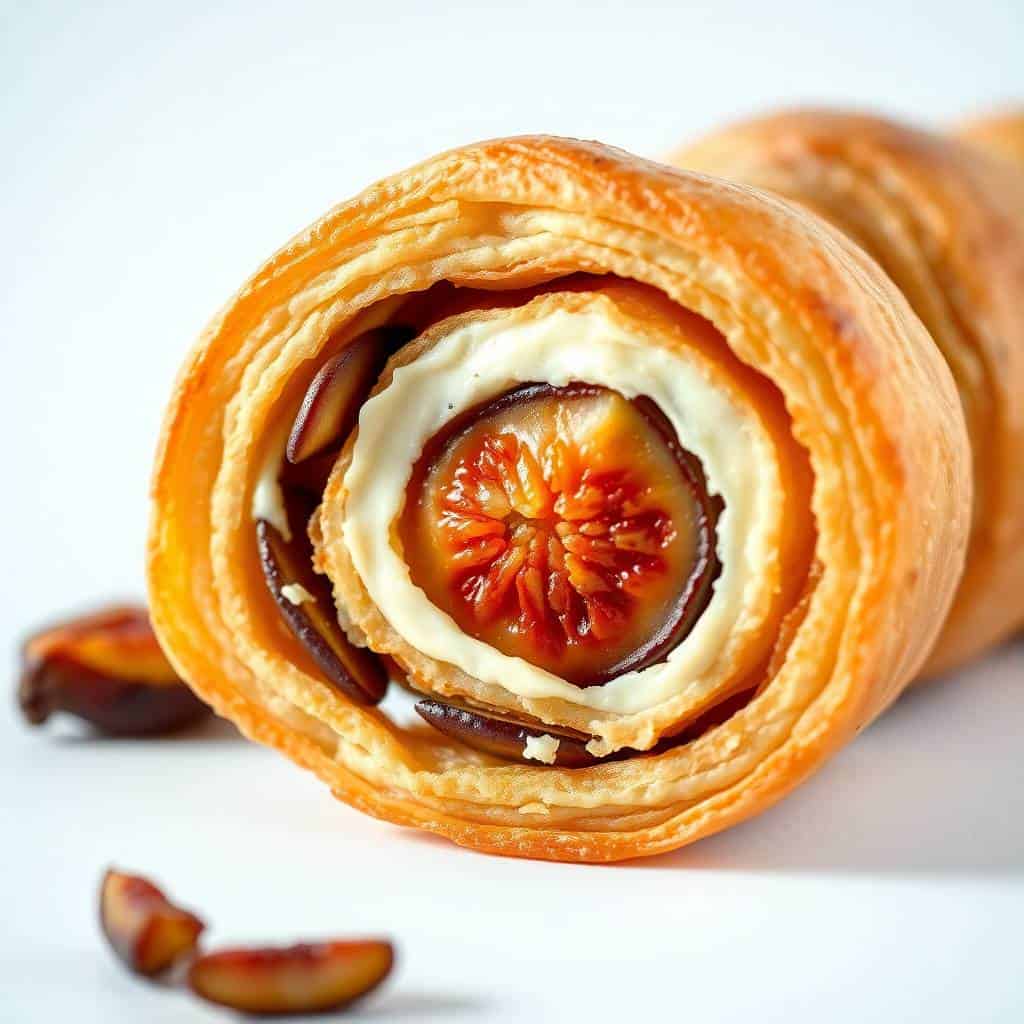 Fig and goat cheese pinwheel cross-section showing golden pastry layers, creamy filling, and caramelized fig center.