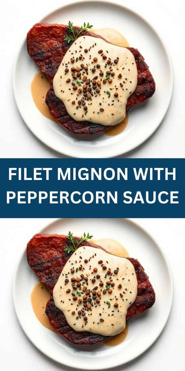 Filet mignon with creamy peppercorn sauce, peppercorns, and rosemary garnish on white plate.