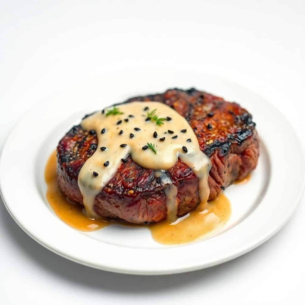 Seared filet mignon topped with creamy peppercorn sauce, black sesame seeds, and fresh herbs on a white plate.
