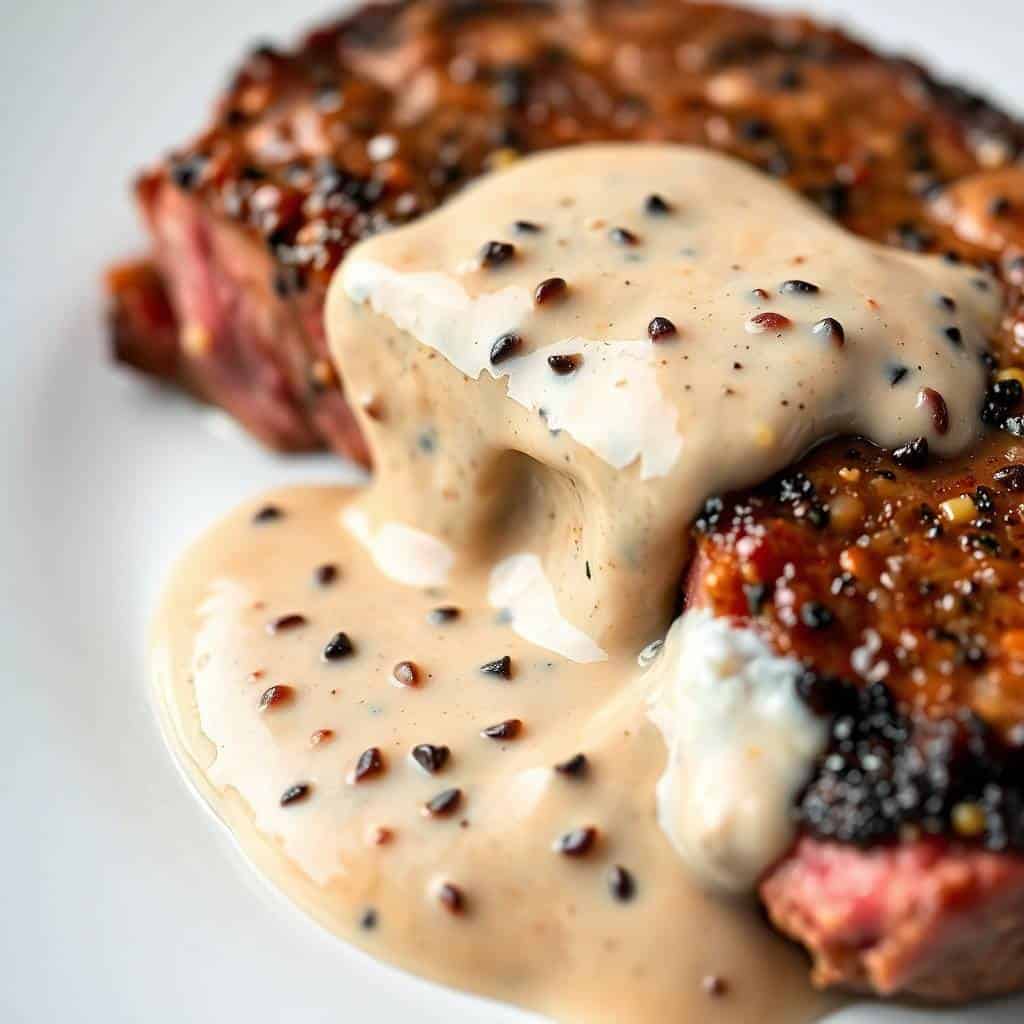 Filet mignon topped with creamy peppercorn sauce and butter, garnished with cracked peppercorns.