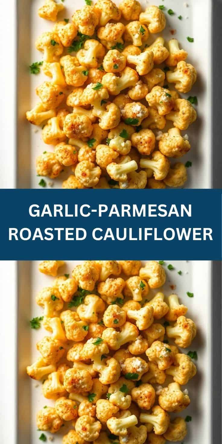 Golden garlic-parmesan roasted cauliflower florets garnished with fresh parsley on white plate.