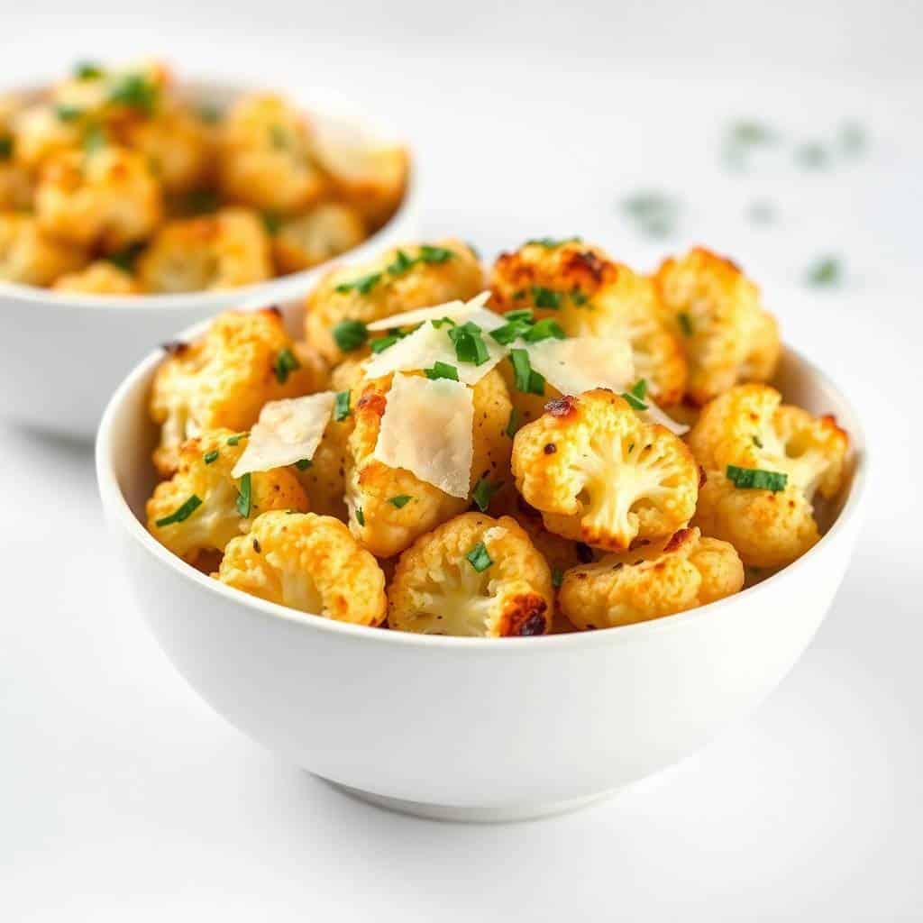 Garlic-Parmesan roasted cauliflower florets in white bowl, topped with fresh chives and cheese shavings.