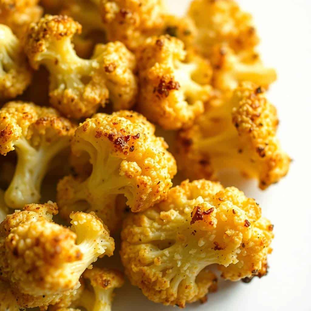 Roasted cauliflower florets with golden-brown garlic-parmesan coating on white background.
