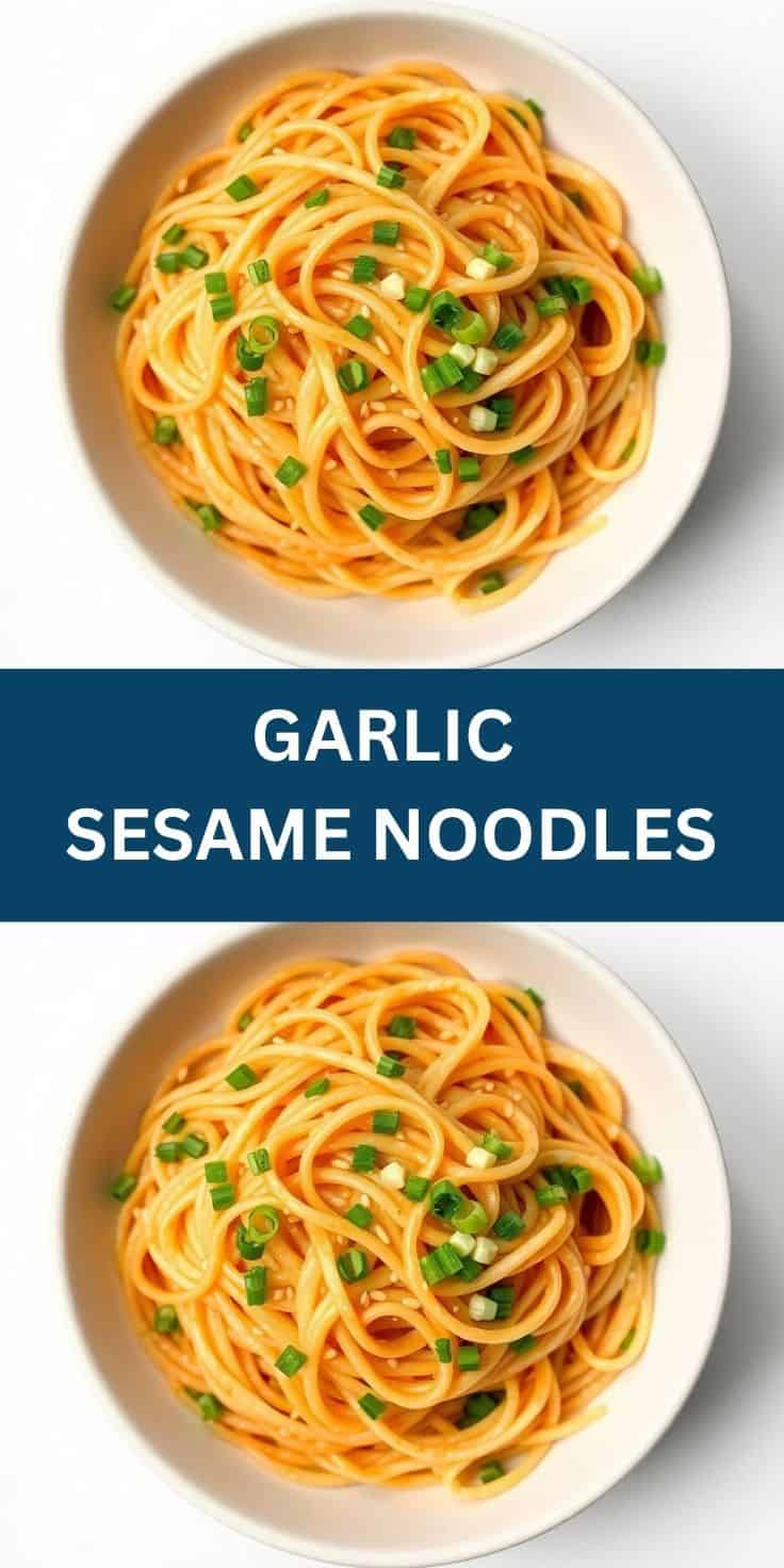 Two bowls of golden garlic sesame noodles garnished with green onions on white plates.