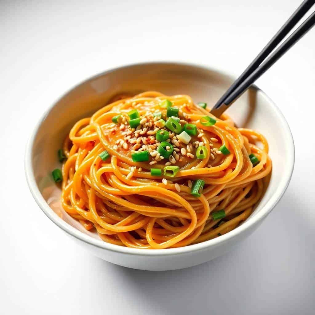 Garlic sesame noodles in white bowl topped with sesame seeds and green onions, served with chopsticks.