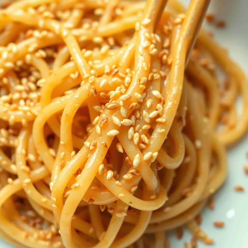 Garlic sesame noodles coated in glossy sauce, topped with white sesame seeds, served on white plate.
