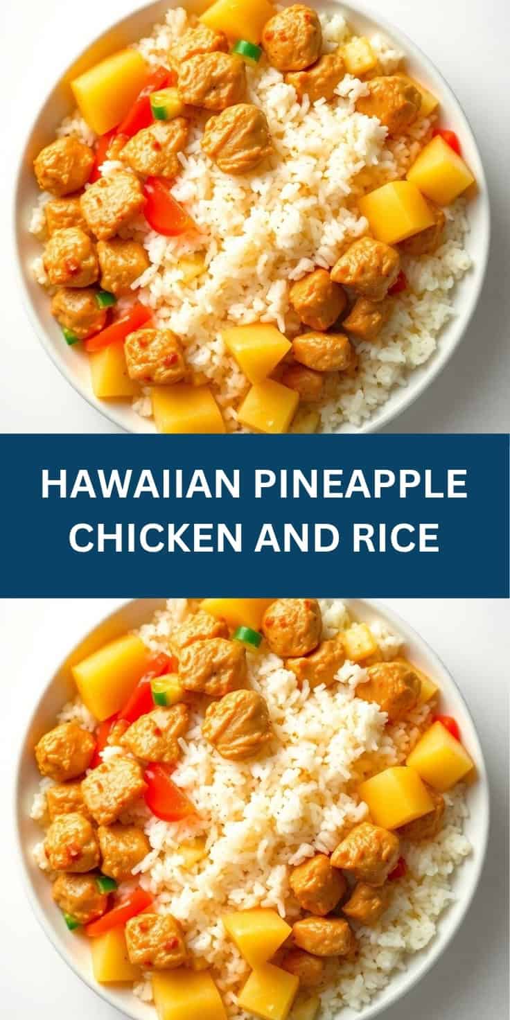 Hawaiian pineapple chicken and rice served on white plate with yellow pineapple chunks, red peppers, and green garnish.
