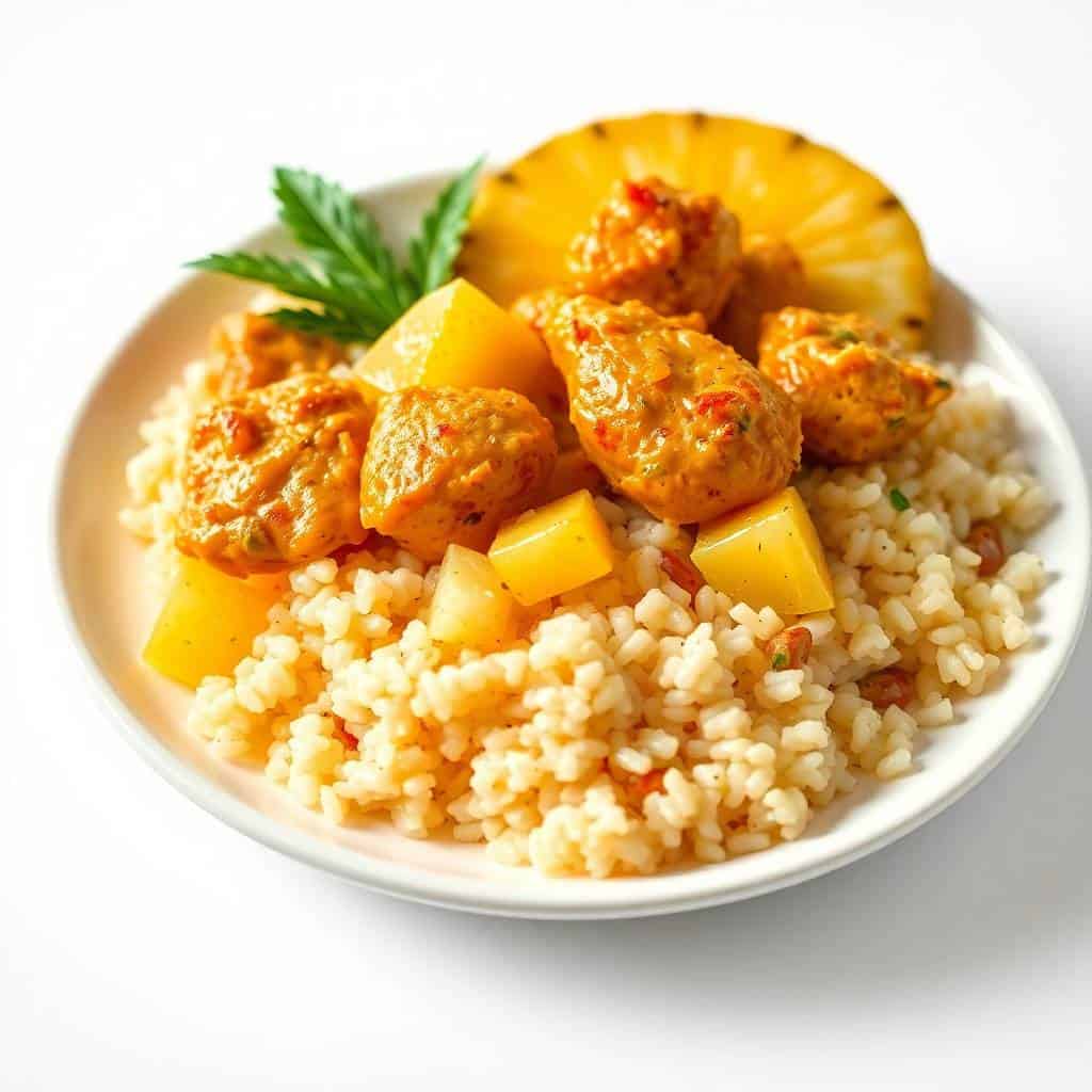 Hawaiian pineapple chicken and rice served on white plate with pineapple half and rosemary garnish.