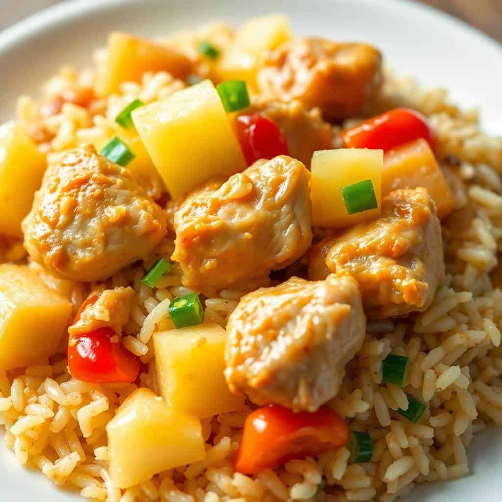 Hawaiian pineapple chicken and rice served on a white plate with diced pineapple and green onion garnish.