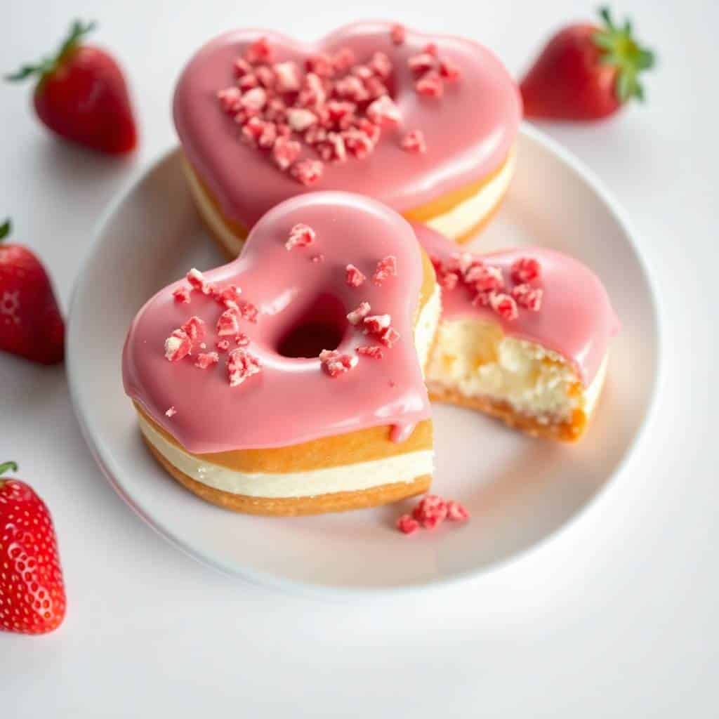 heart shaped strawberry cheesecake donuts with pink glaze on a plate