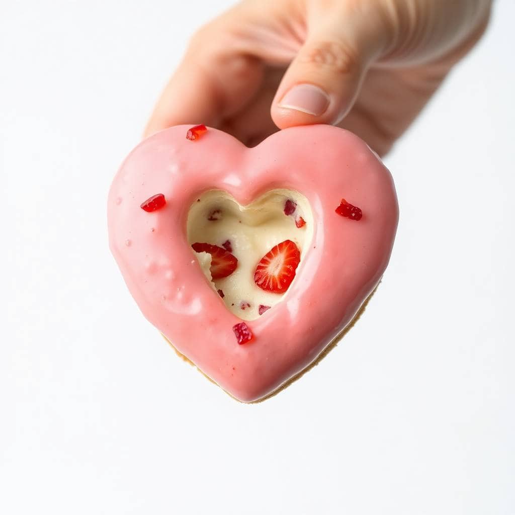 heart shaped strawberry cheesecake donuts close up with creamy filling
