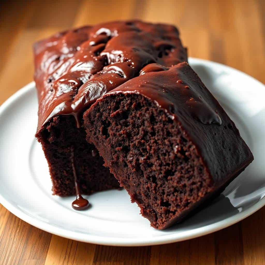 Sliced hot fudge brownie bread with glossy chocolate glaze on white plate, wooden surface.