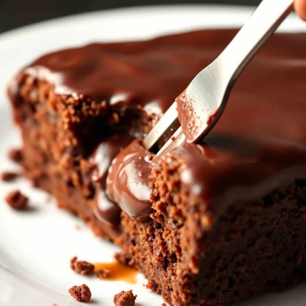 Fork lifting a slice of rich chocolate brownie bread with glossy fudge topping from white plate.