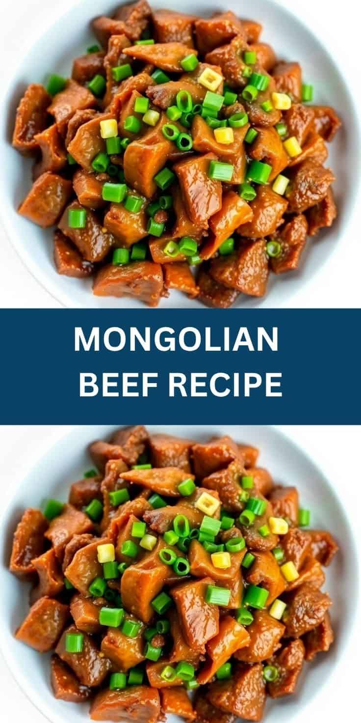 Mongolian beef cubes with glossy brown sauce garnished with green onions and sesame seeds on white plate.