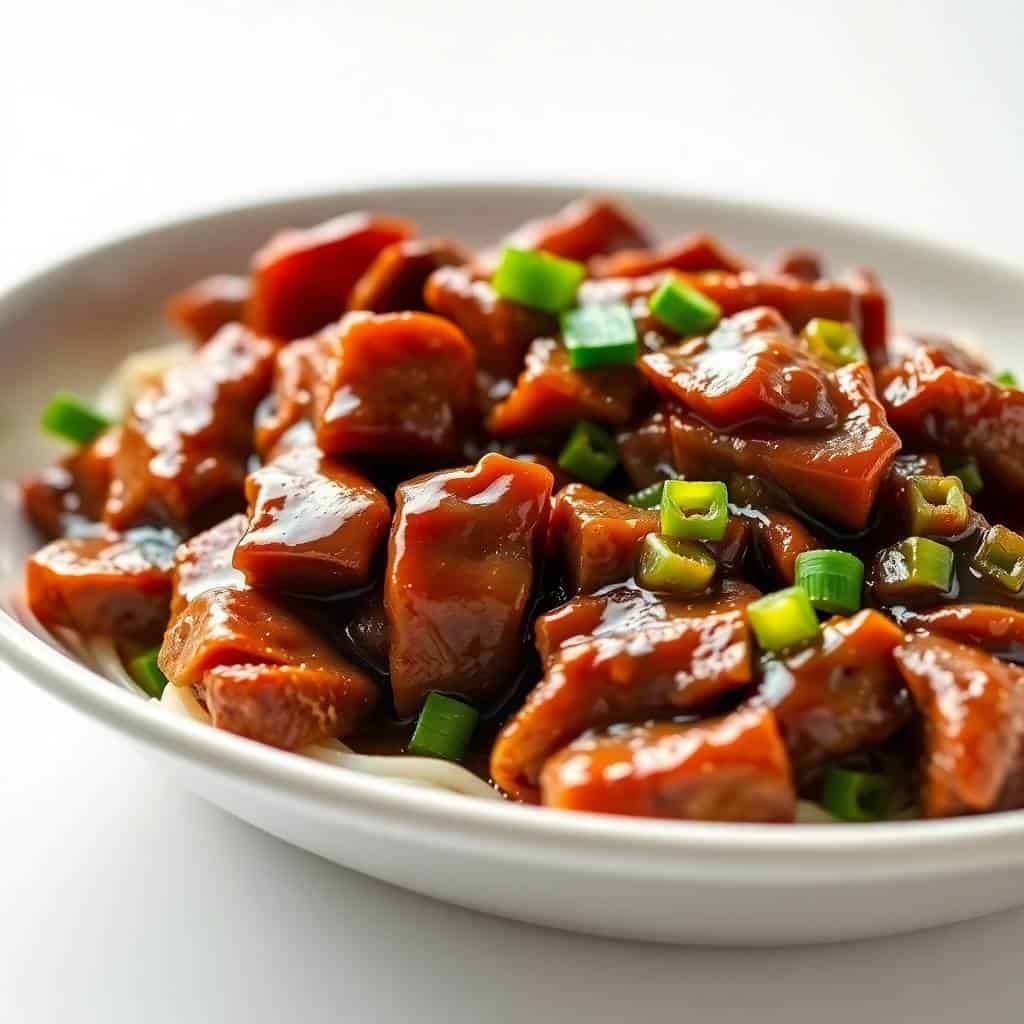 Mongolian beef with glossy brown sauce and green onion garnish served in a white bowl.