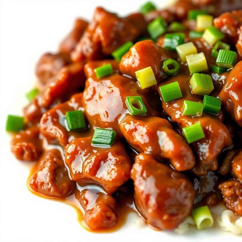 Mongolian beef with glossy caramel sauce, sesame seeds, and green onion garnish served over rice.