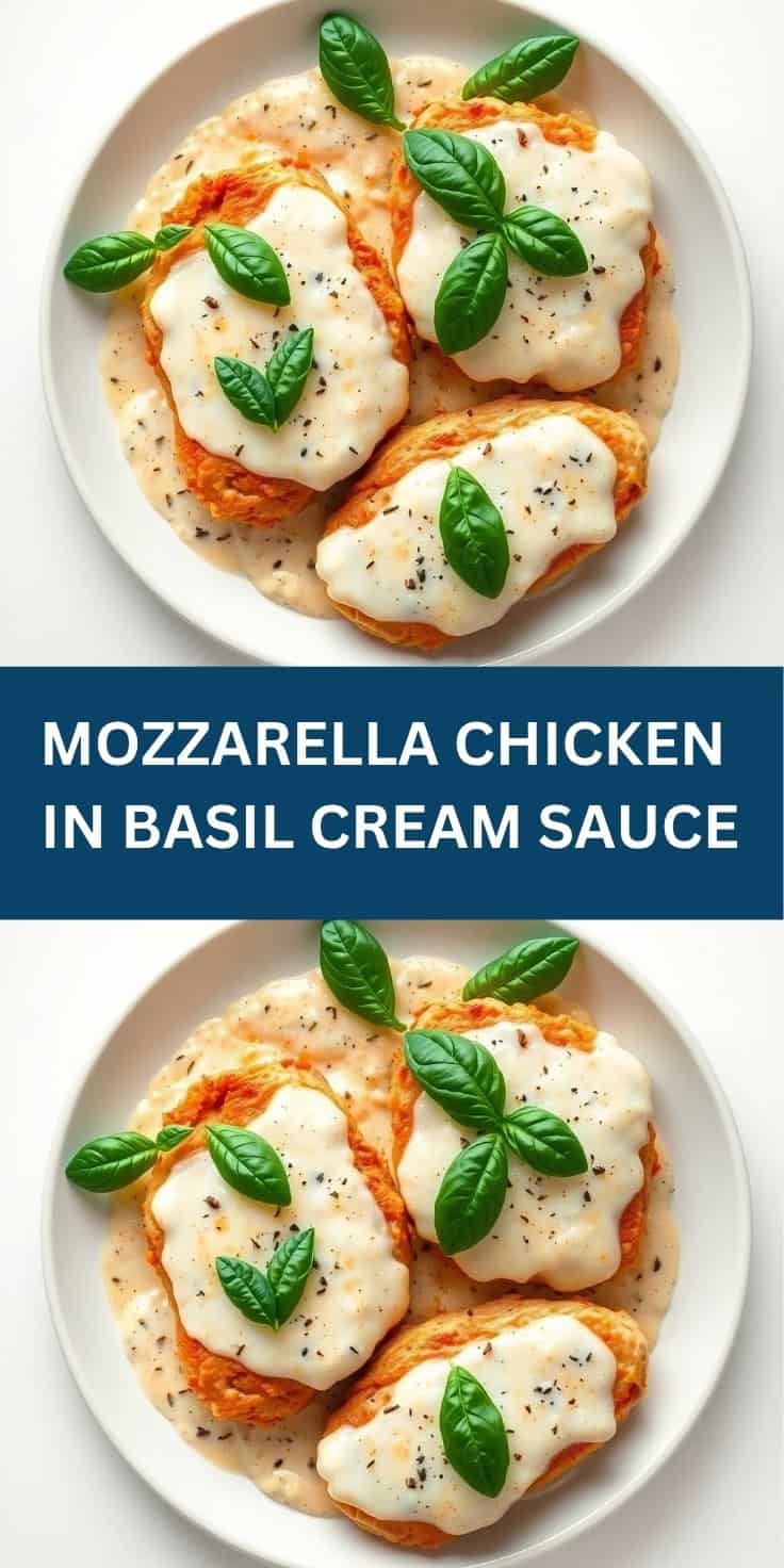 Three mozzarella chicken breasts topped with melted cheese and fresh basil on a white plate.