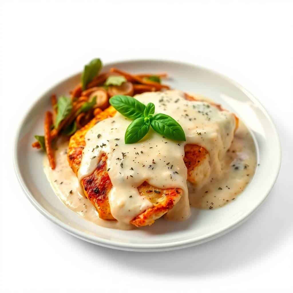 Mozzarella chicken topped with melted cheese and basil in cream sauce, plated on white dish with vegetable garnish.