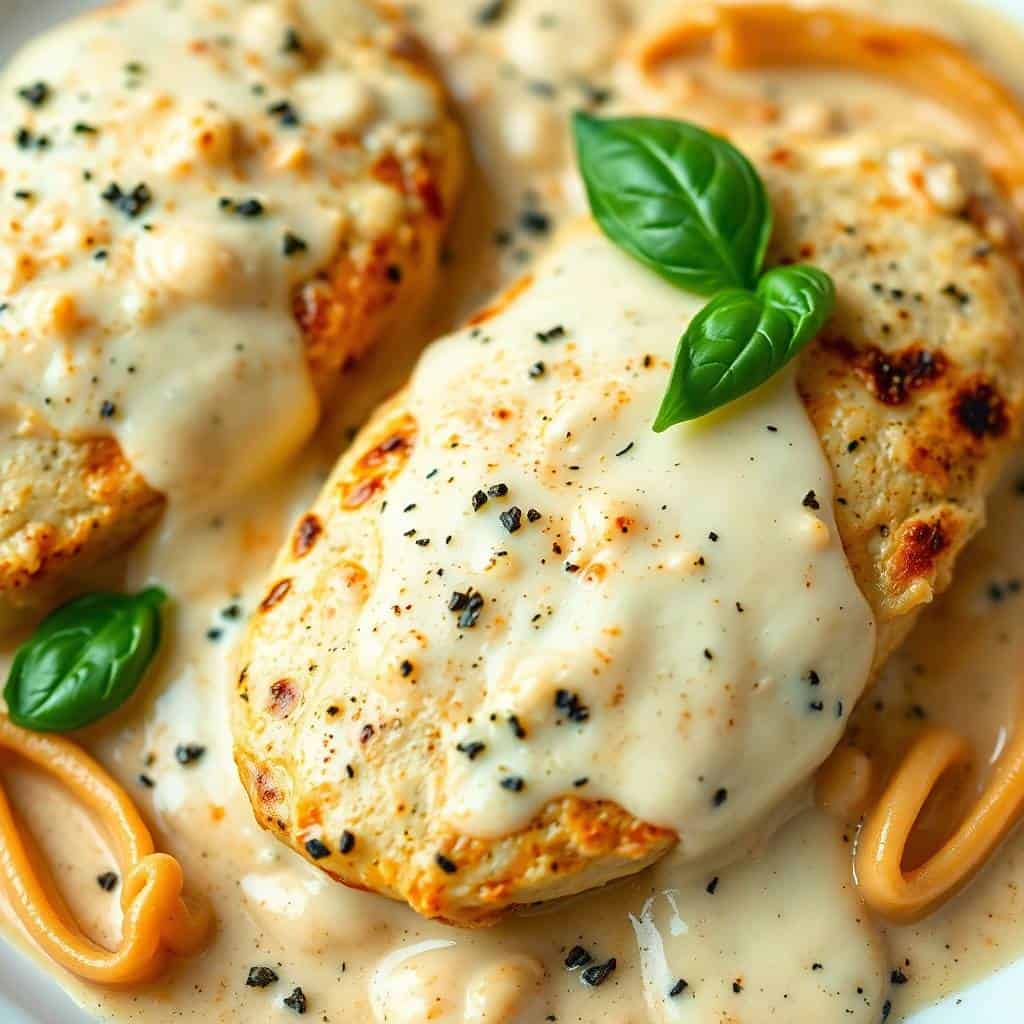 Mozzarella chicken in creamy basil sauce, garnished with fresh basil and cracked pepper, plated with roasted peppers.