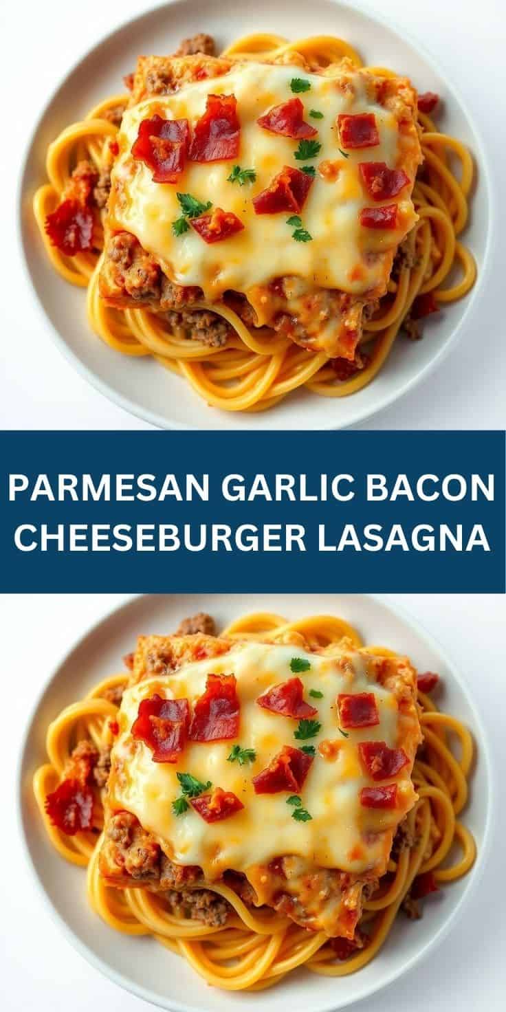 Parmesan garlic bacon cheeseburger lasagna on white plate with melted cheese, bacon bits, and parsley garnish.
