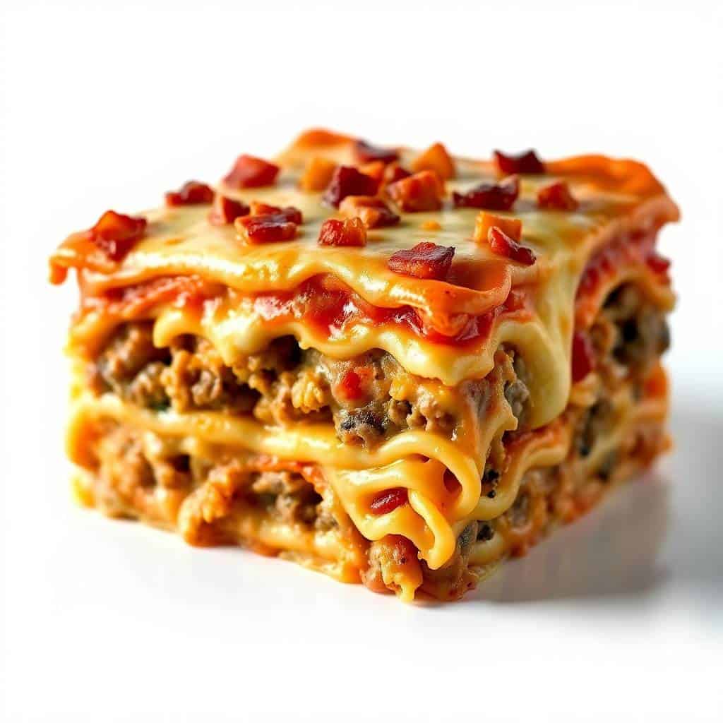Layered cheeseburger lasagna with melted cheese, ground beef, and red pepper garnish on white background.