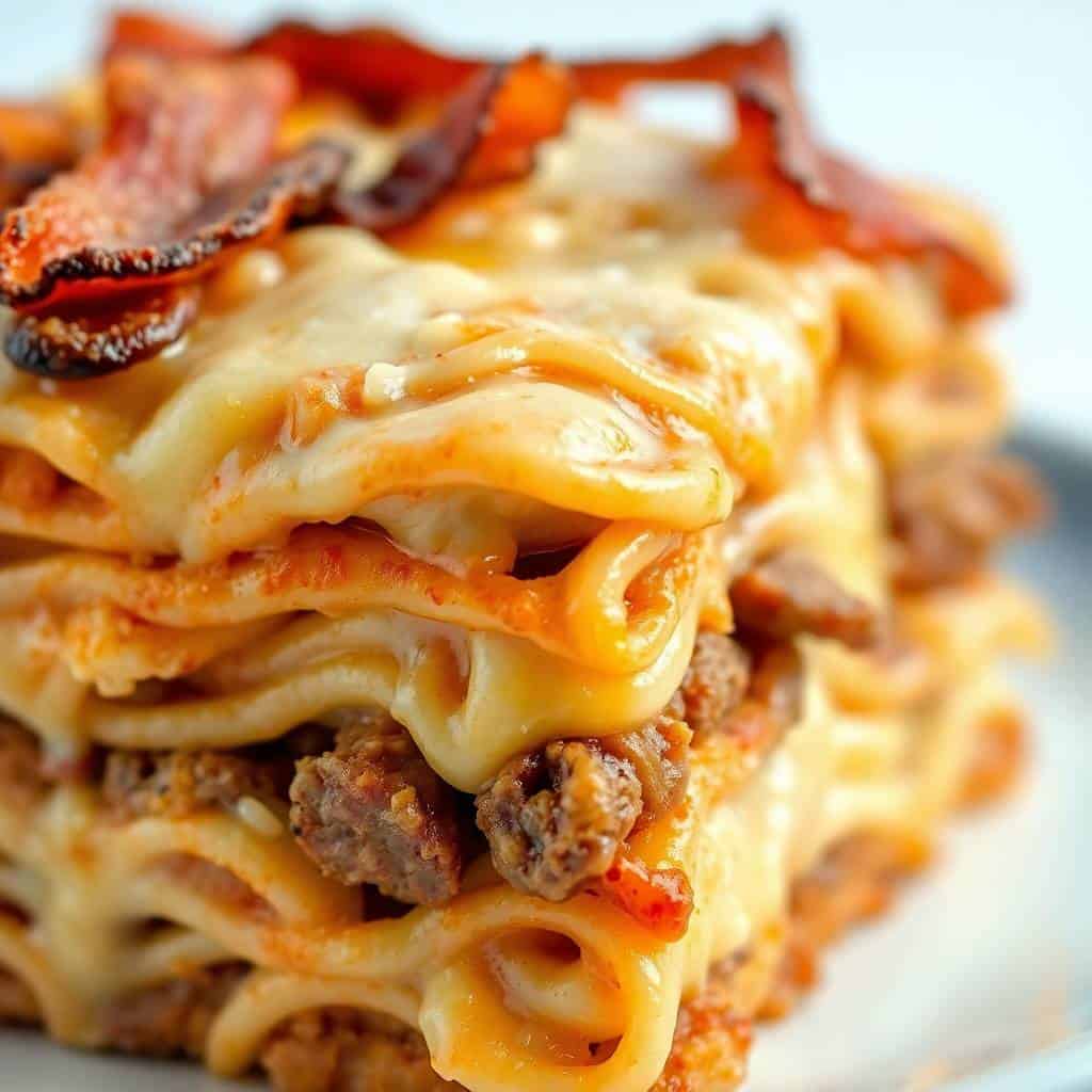 Layered Parmesan Garlic Bacon Cheeseburger Lasagna with melted cheese and crispy bacon garnish.