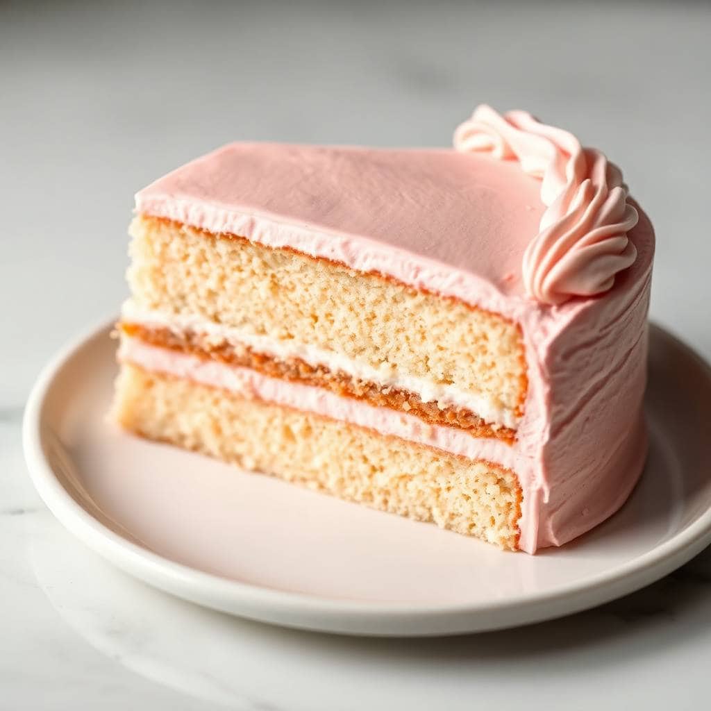 Slice of pink champagne cake with vanilla layers and pink frosting garnished with rosette piped decoration on white plate.