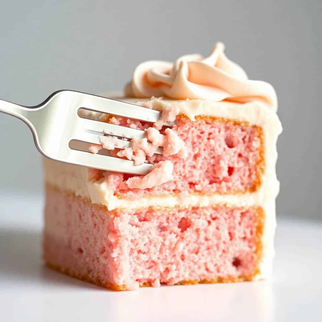 A slice of pink champagne cake with frosting on a fork, showing two layers and peach-colored frosting.