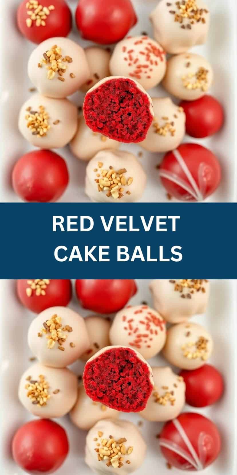 Red velvet cake balls with white and red chocolate coating, gold and red sprinkle garnish.