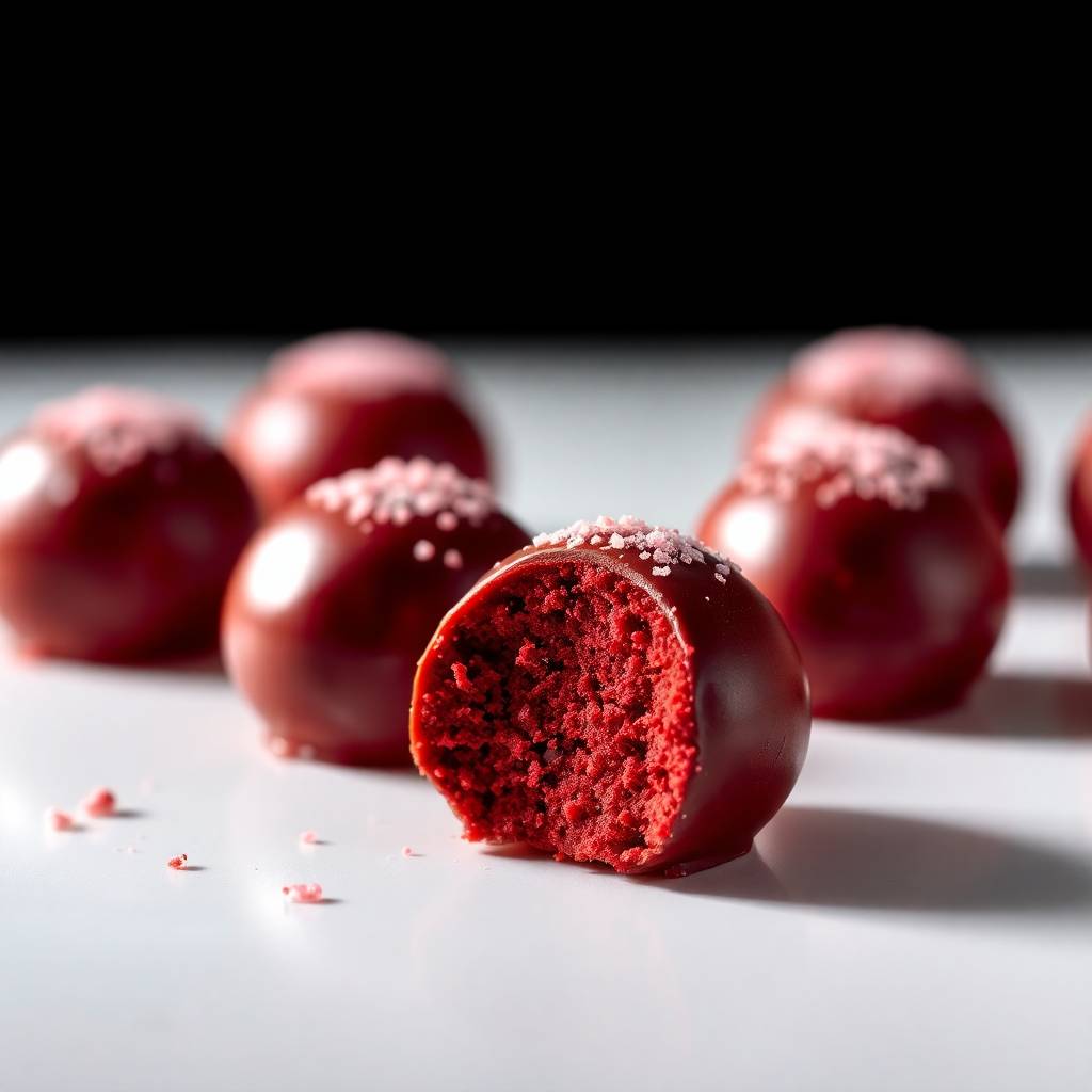 Red velvet cake balls with chocolate coating and red sugar crystals, one cut in half revealing crumb interior.