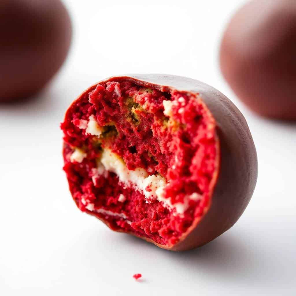 Red velvet cake ball with cream cheese filling cut in half, chocolate-coated exterior visible.