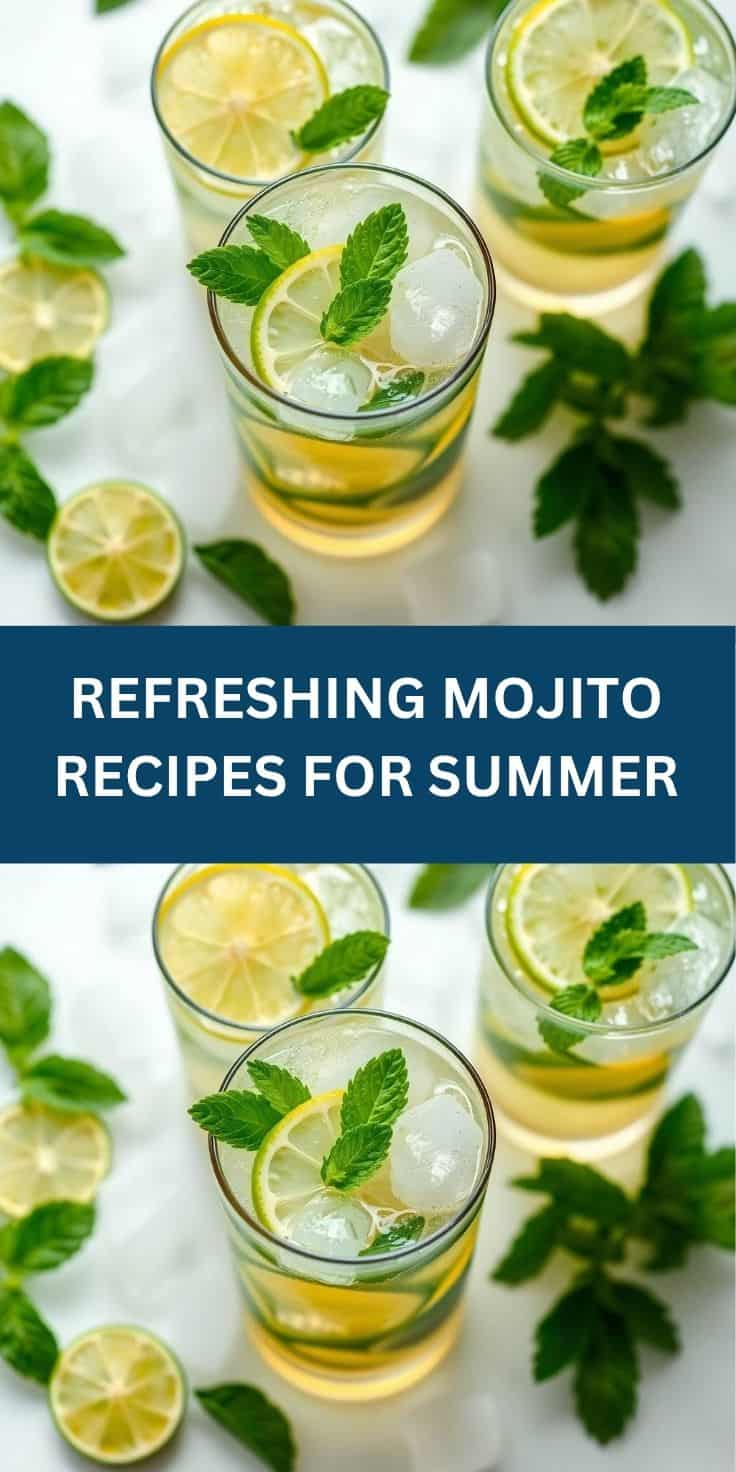 Three mojito cocktails with lime slices, ice, and fresh mint leaves in clear glasses.