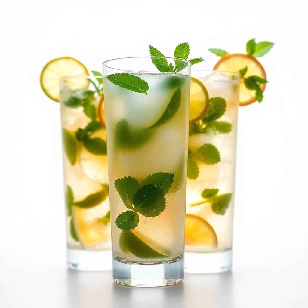 Three refreshing mojitos with lime slices, fresh mint, ice, and clear liquid in tall glasses.