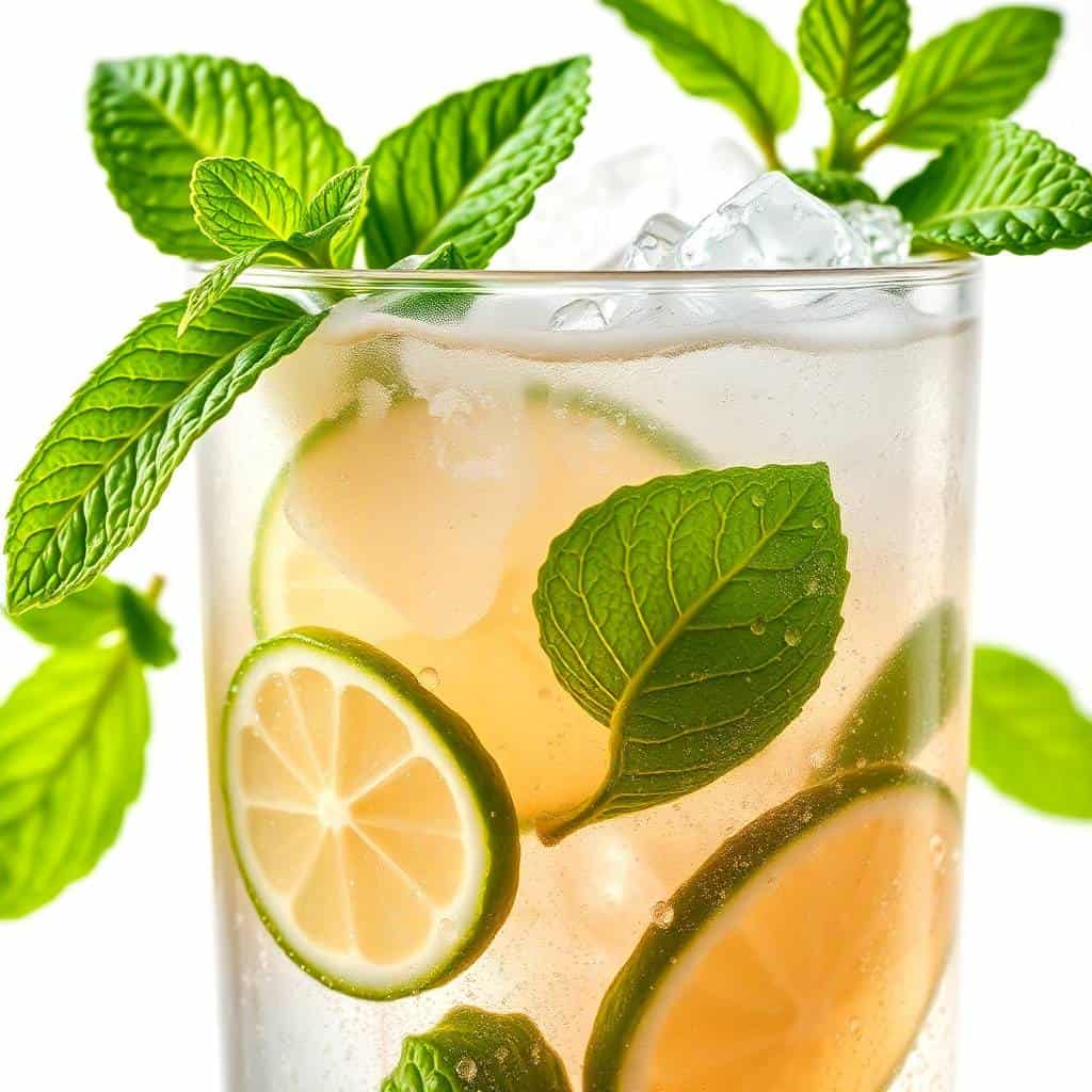 Mojito cocktail with lime slices, fresh mint leaves, ice, and amber liquid in a glass.