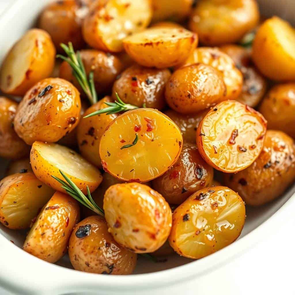 Roasted baby potatoes with crispy golden edges, rosemary sprigs, and red pepper flakes in white bowl.
