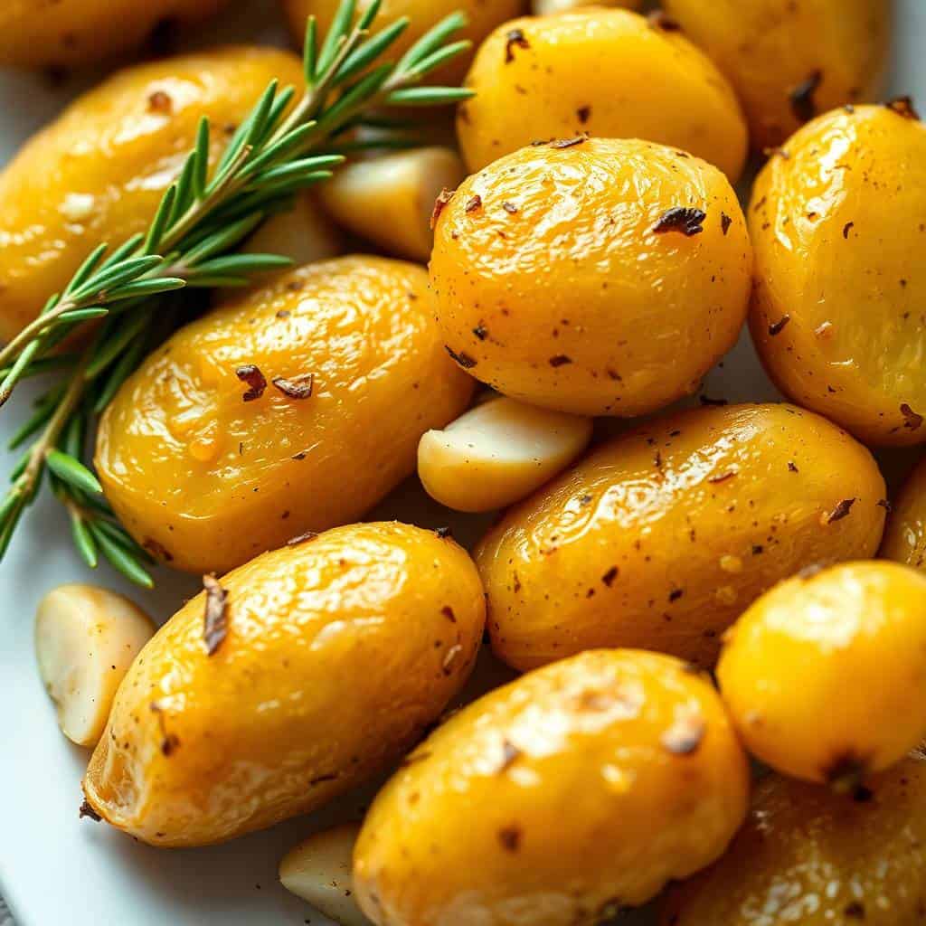 Golden roasted baby potatoes with rosemary sprigs and garlic cloves on white plate.