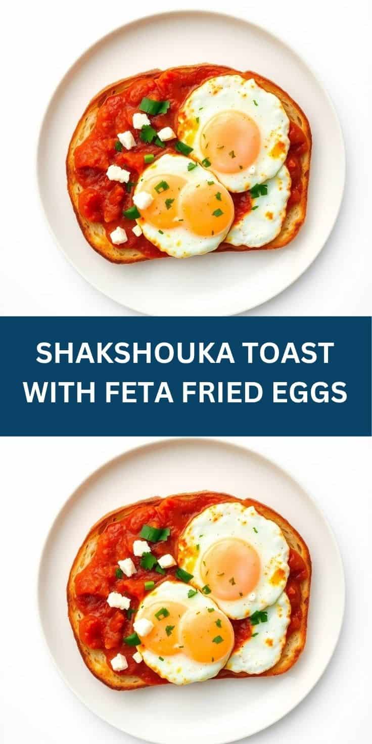 Shakshouka toast with two fried eggs, crumbled feta cheese, and green onions on white plate.