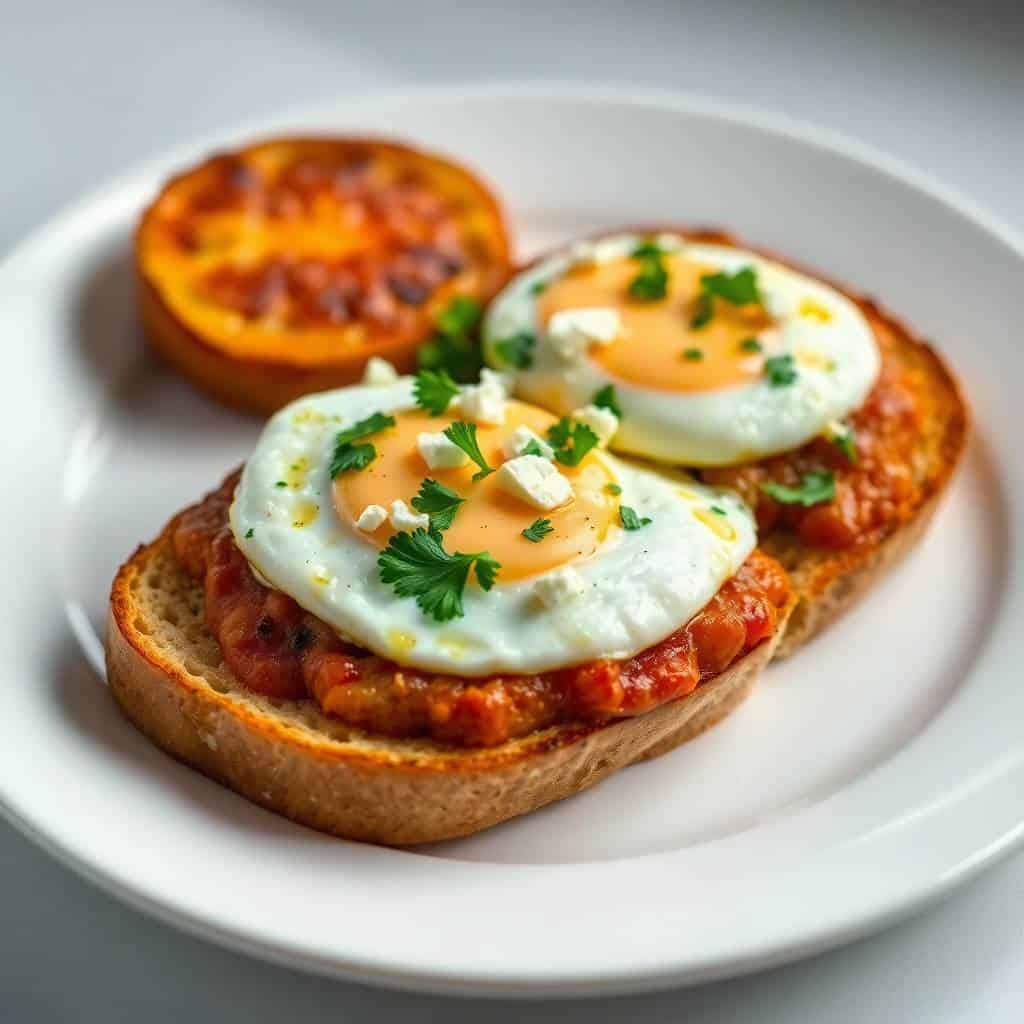 Shakshouka toast with feta fried eggs on white plate, garnished with parsley and olive oil.