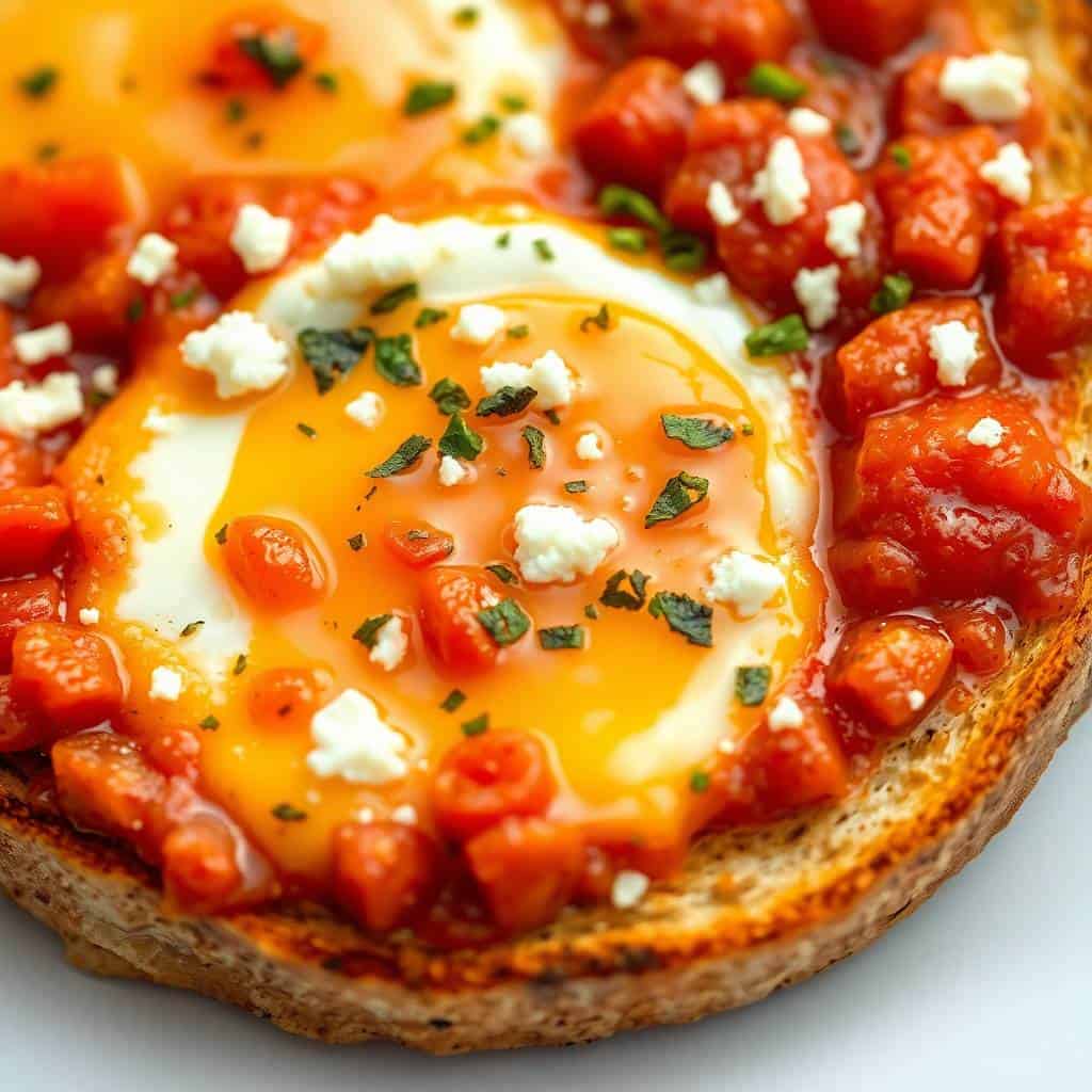 Shakshouka toast with feta fried eggs topped with diced tomatoes, crumbled cheese, and fresh herbs on toasted bread.